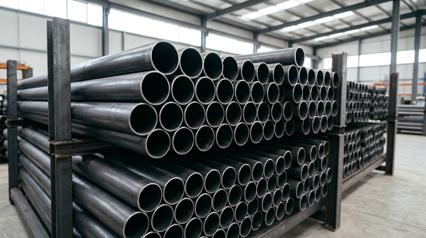 Mild steel pipes stacked in warehouse